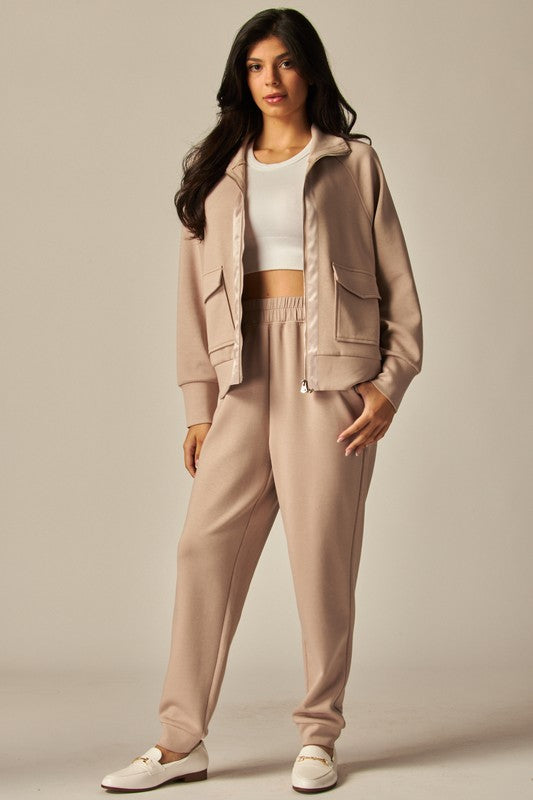 Double Soft Sateen Trim Zip Sweat & Cuff Pant Set