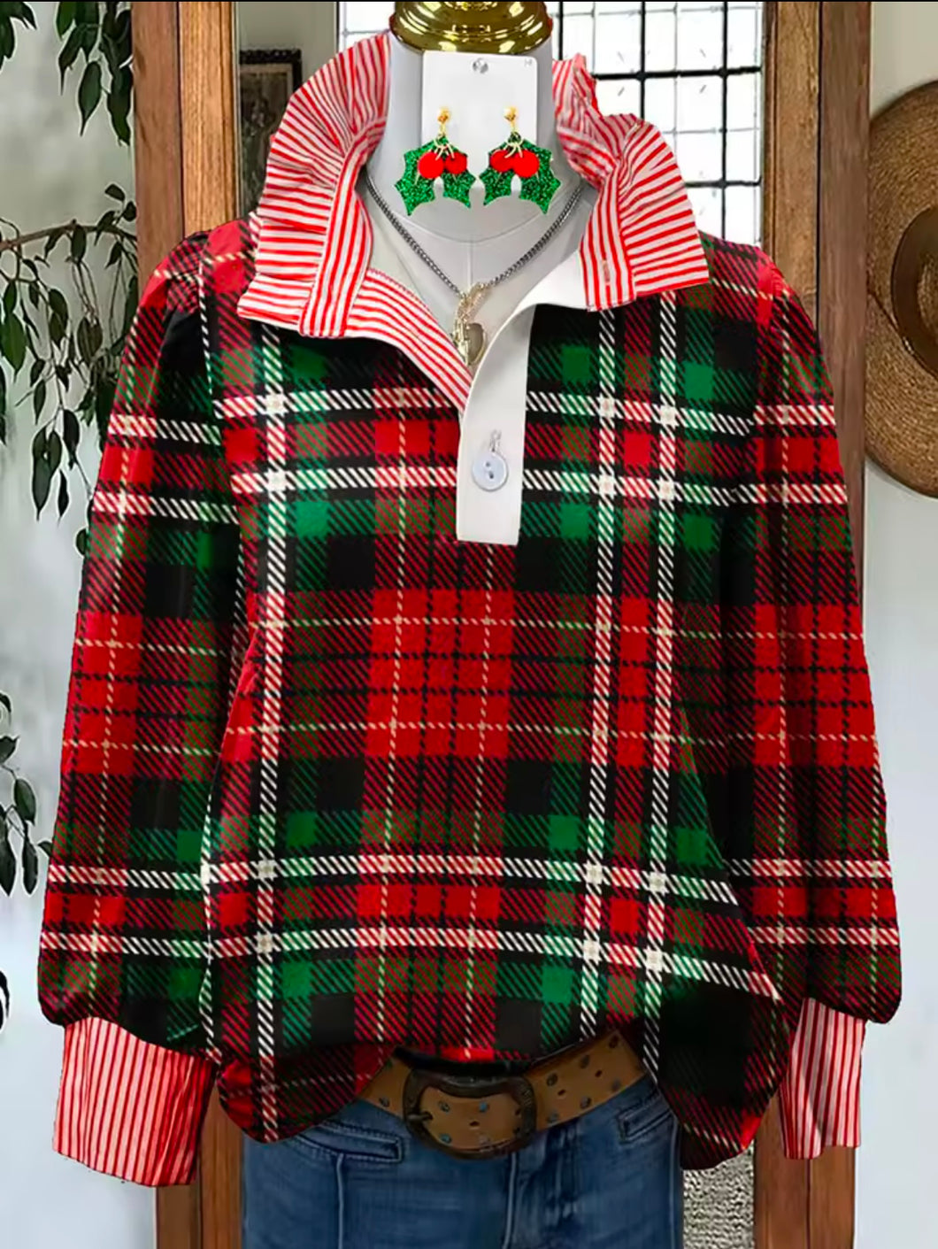 Holiday Plaid Puff Sleeve Shirt