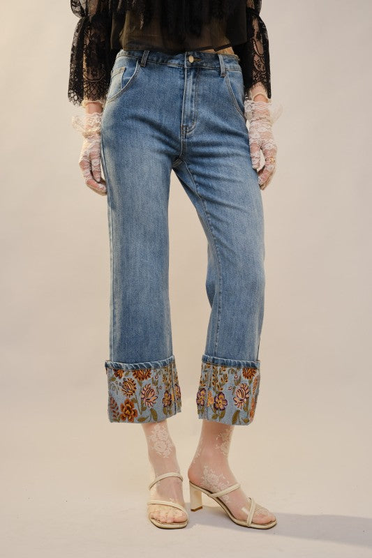 Embroidered Cuff Jeans