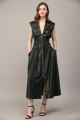 Smocked Waist Faux Leather Dress